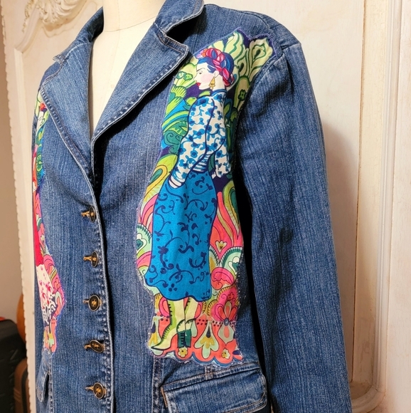 Las 3 Catrinas Frida Kahlo Inspired Upcycled denim Jacket Day of the dead - Picture 4 of 6